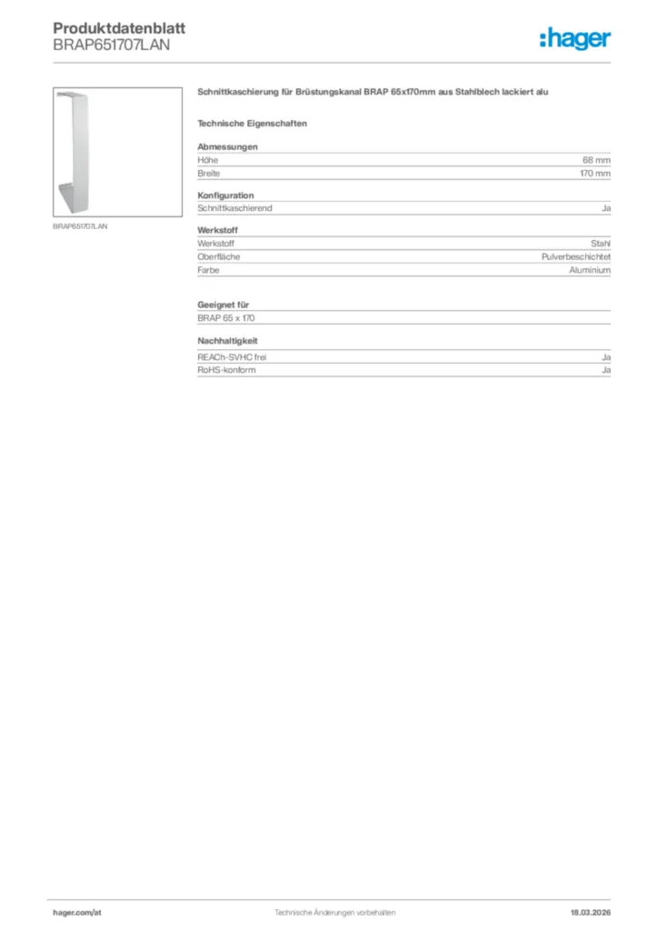 Bild Hager Produktdatenblatt BRAP651707LAN | Hager Deutschland