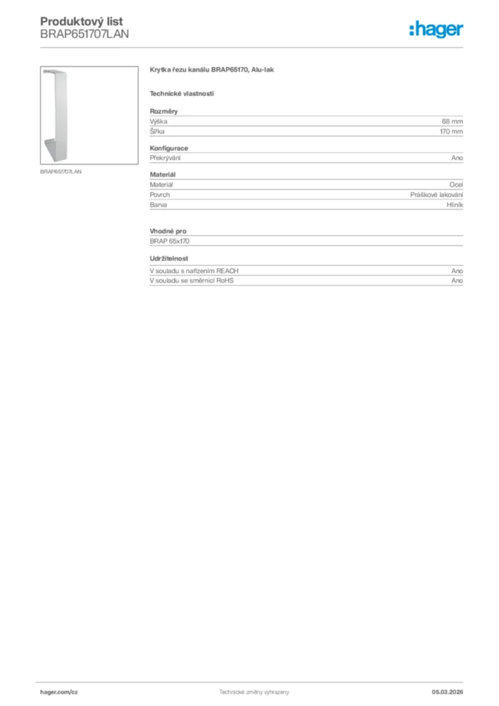 Obrázek Hager Product data sheet BRAP651707LAN | Hager