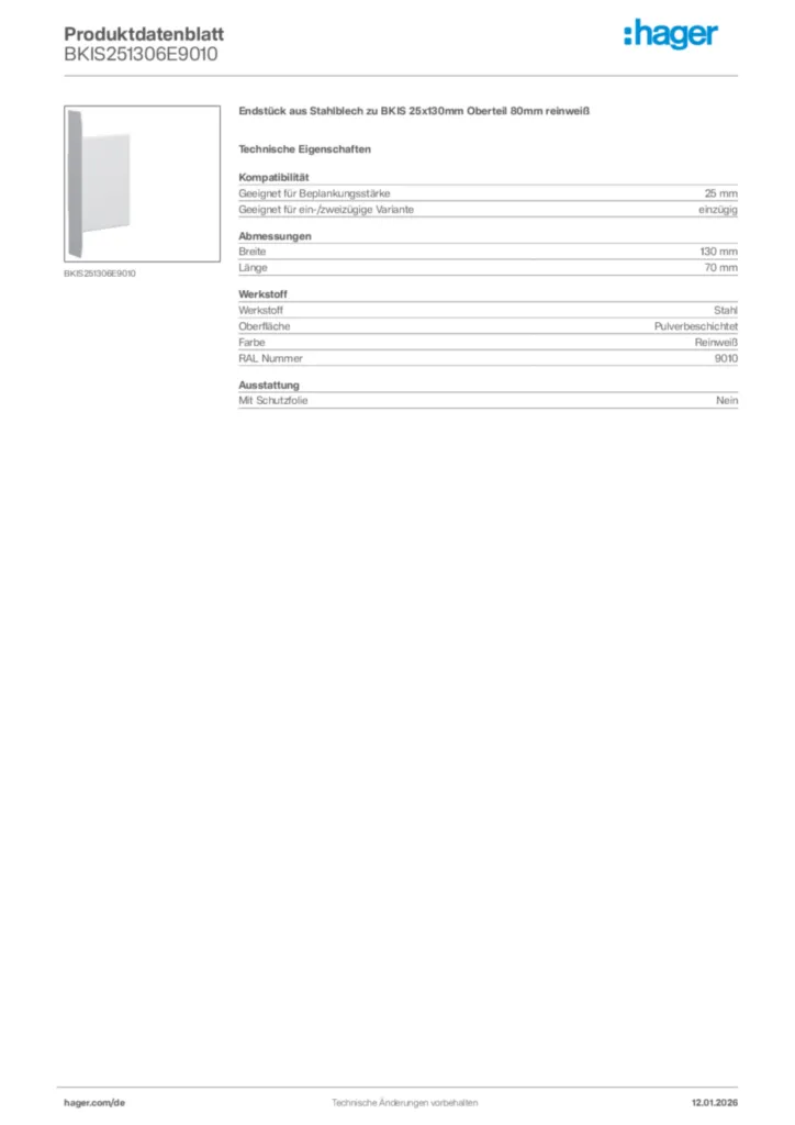 Bild Hager Produktdatenblatt BKIS251306E9010 | Hager Deutschland