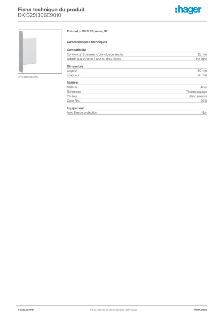 Image Hager Fiche technique du produit BKIS251306E9010 | Hager France