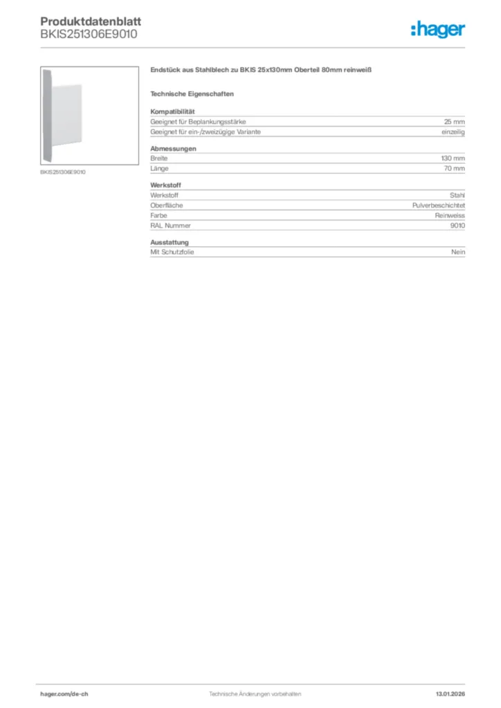 Bild Hager Produktdatenblatt BKIS251306E9010 | Hager Schweiz