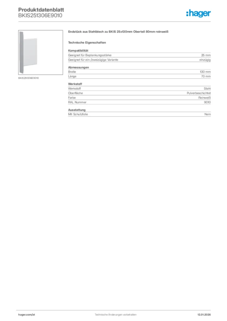 Bild Hager Produktdatenblatt BKIS251306E9010 | Hager Deutschland