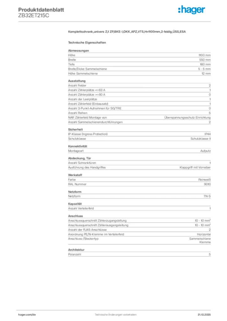 Bild Hager Produktdatenblatt ZB32ET215C | Hager Deutschland