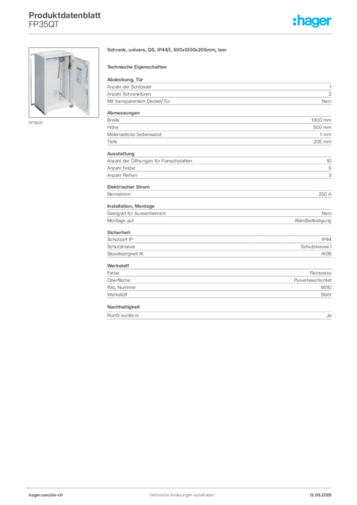 Bild Hager Produktdatenblatt FP35QT | Hager Schweiz