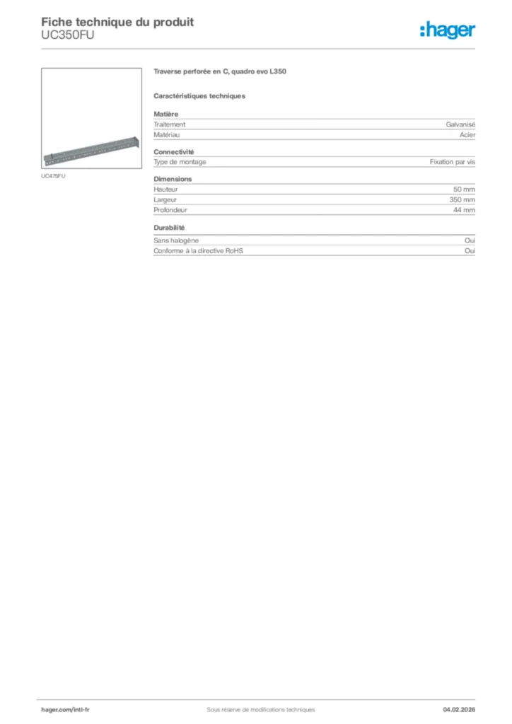 Image Hager Fiche technique du produit UC350FU | Hager Afrique