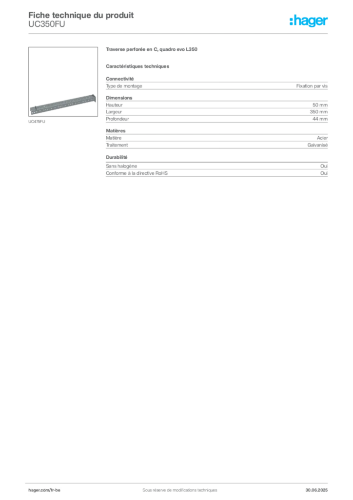 Image Hager Fiche technique du produit UC350FU | Hager Belgique