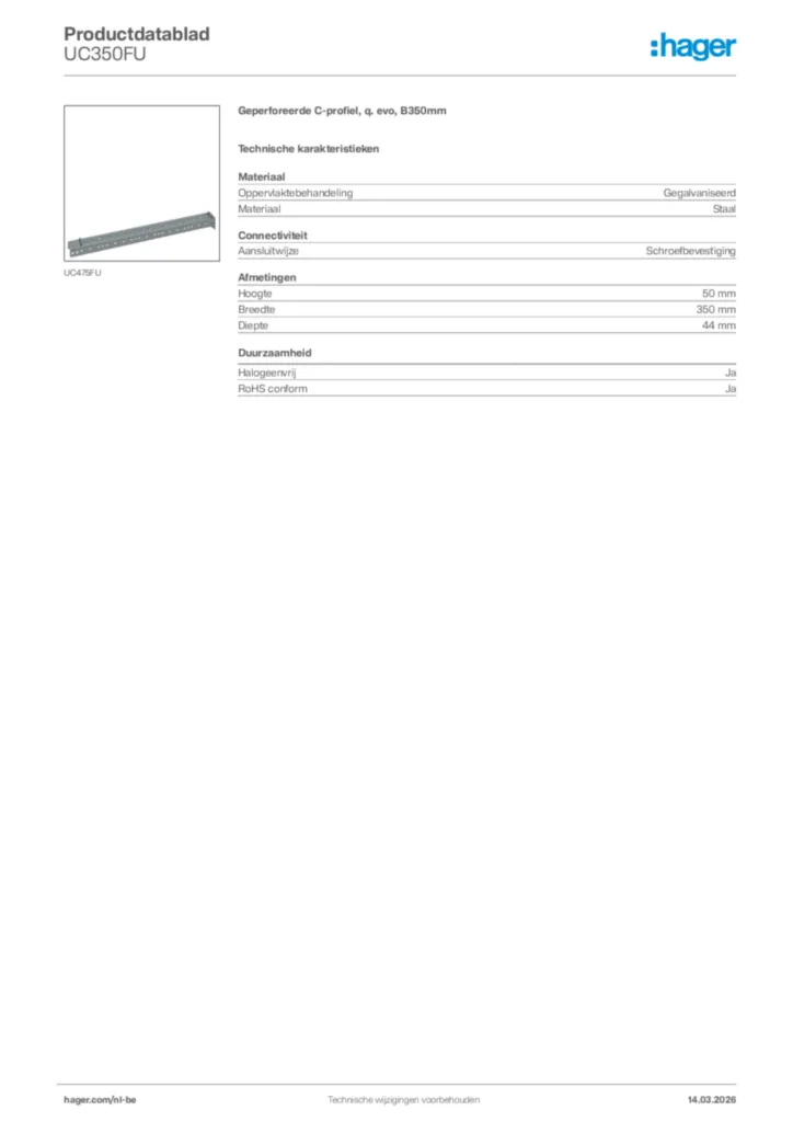 Afbeelding Hager Productdatablad UC350FU | Hager Belgium