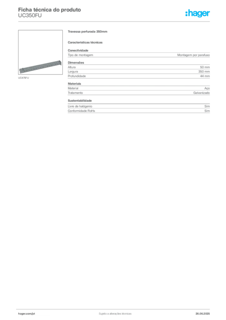 Imagem Hager Ficha técnica do produto UC350FU | Hager Portugal