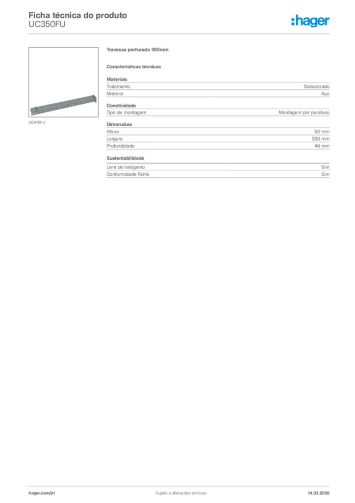 Imagem Hager Ficha técnica do produto UC350FU | Hager Portugal