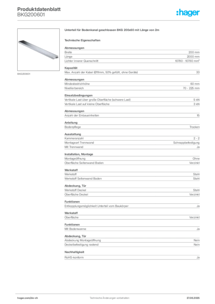 Bild Hager Produktdatenblatt BKG200601 | Hager Schweiz