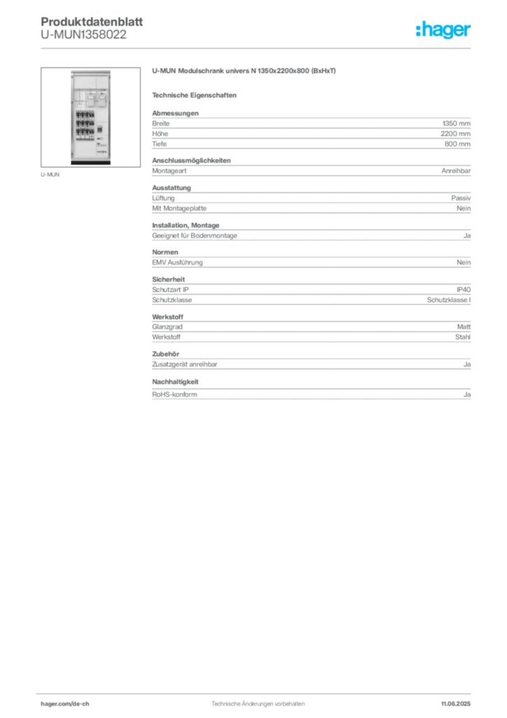 Bild Hager Produktdatenblatt U-MUN1358022 | Hager Schweiz