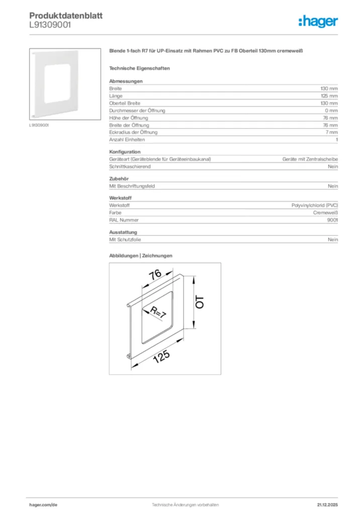 Bild Hager Produktdatenblatt L91309001 | Hager Deutschland