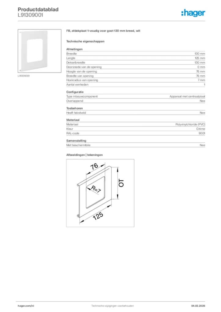 Afbeelding Hager Productdatablad L91309001 | Hager Nederland