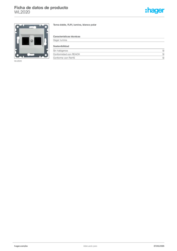 Imagen Hager Ficha de datos de producto WL2020 | Hager España