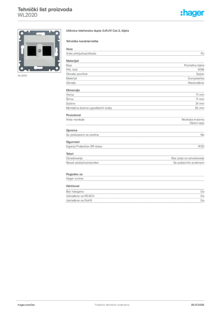 Slika Hager Product data sheet WL2020  | Hager