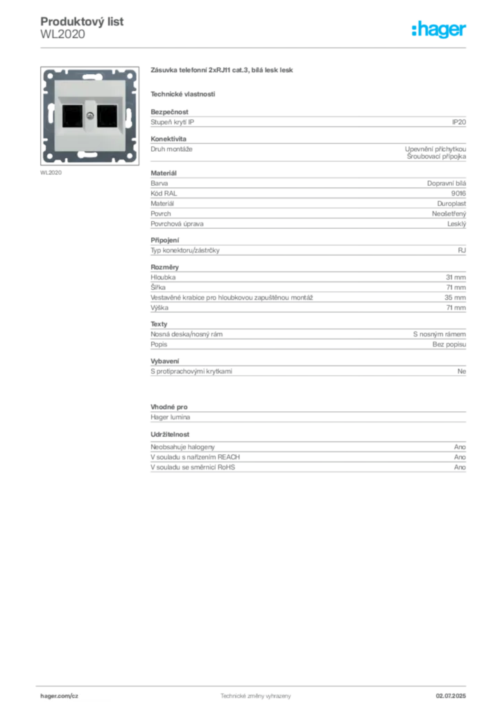 Obrázek Hager Produktový list WL2020 | Hager