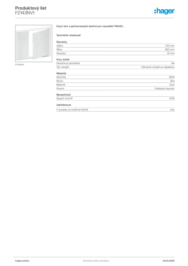 Obrázek Hager Product data sheet FZ143NV1 | Hager