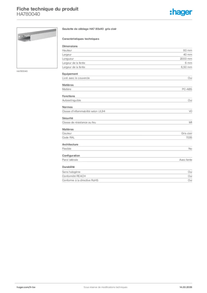 Image Hager Fiche technique du produit HA780040 | Hager Belgique