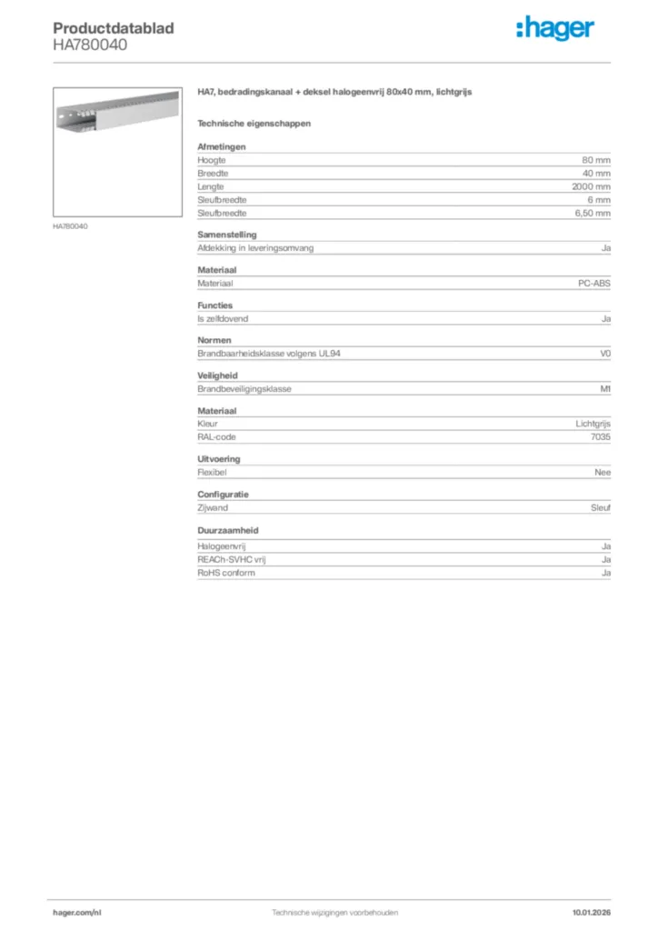 Afbeelding Hager Productdatablad HA780040 | Hager Nederland