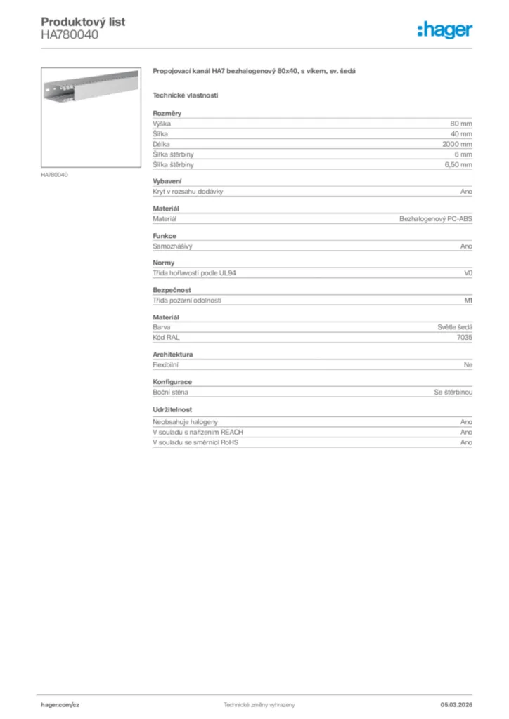 Obrázek Hager Product data sheet HA780040 | Hager