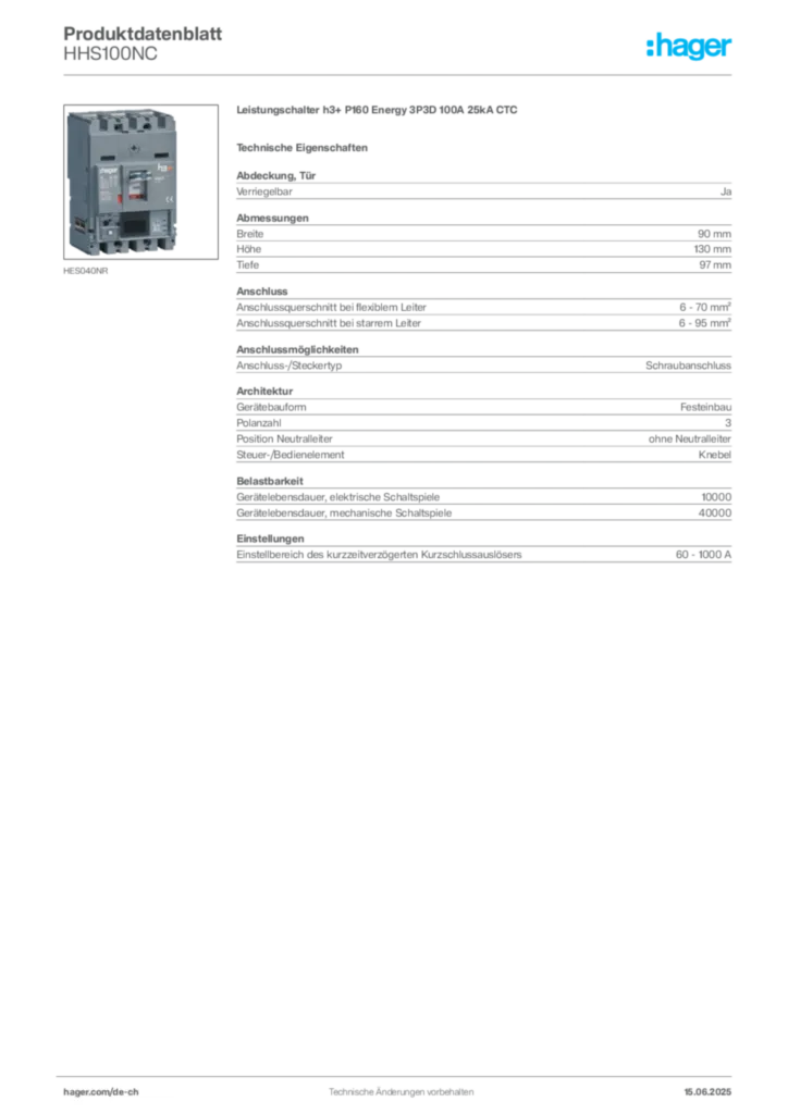 Bild Hager Produktdatenblatt HHS100NC | Hager Schweiz