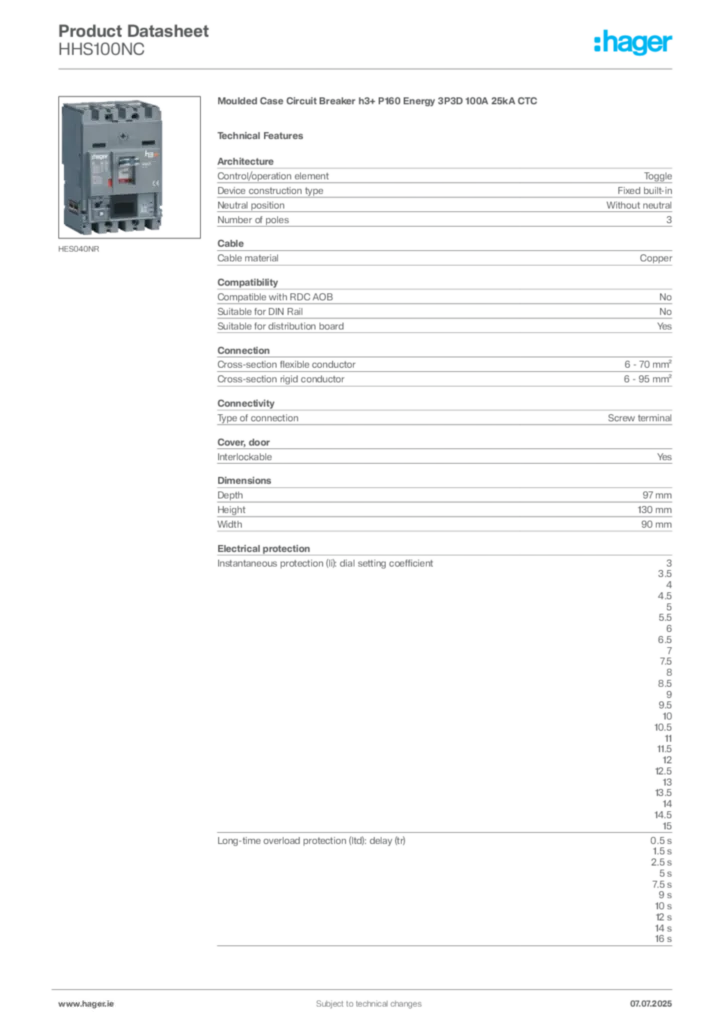 Image Hager Product data sheet HHS100NC  | Hager