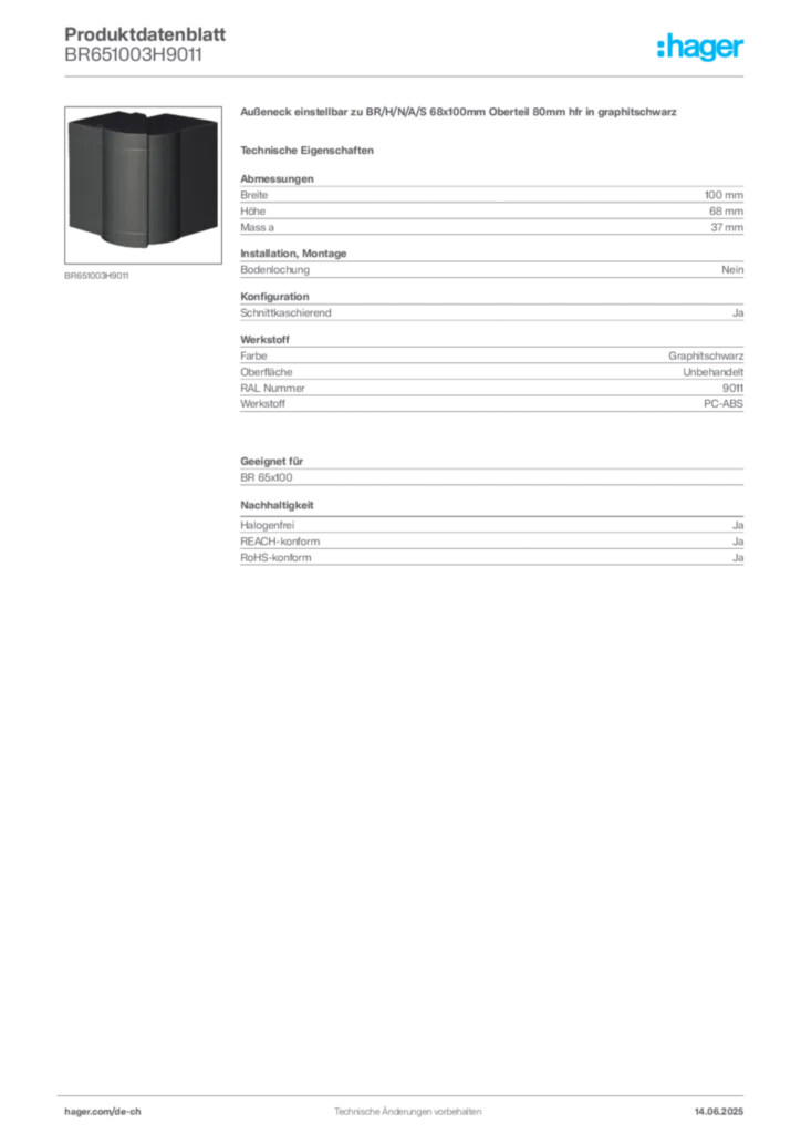 Bild Hager Produktdatenblatt BR651003H9011 | Hager Schweiz