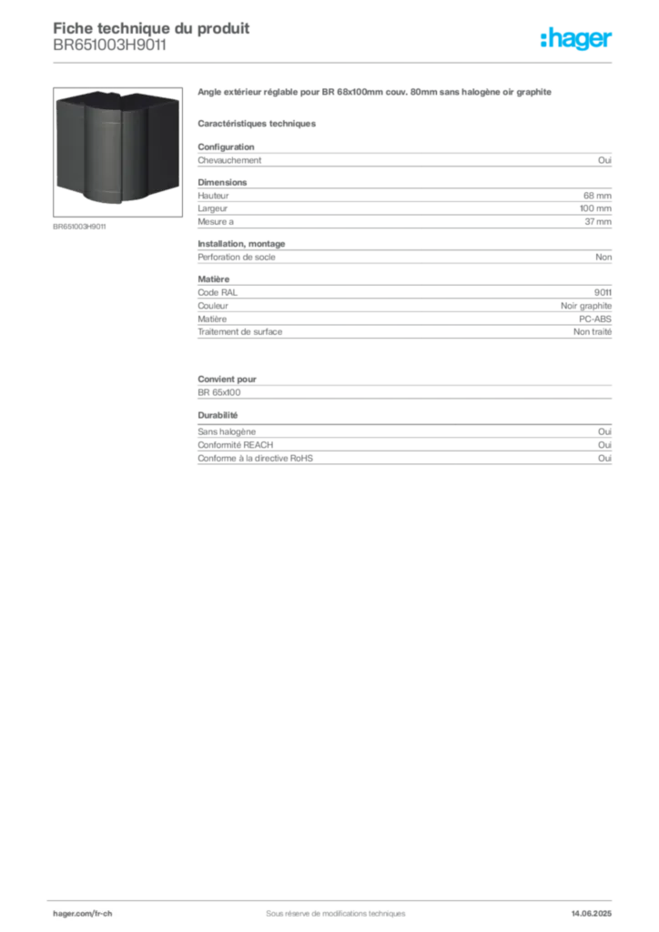 Image Hager Fiche technique du produit BR651003H9011 | Hager Suisse