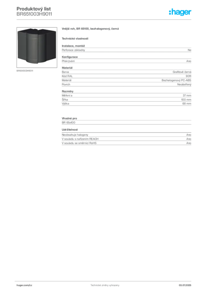 Obrázek Hager Produktový list BR651003H9011 | Hager