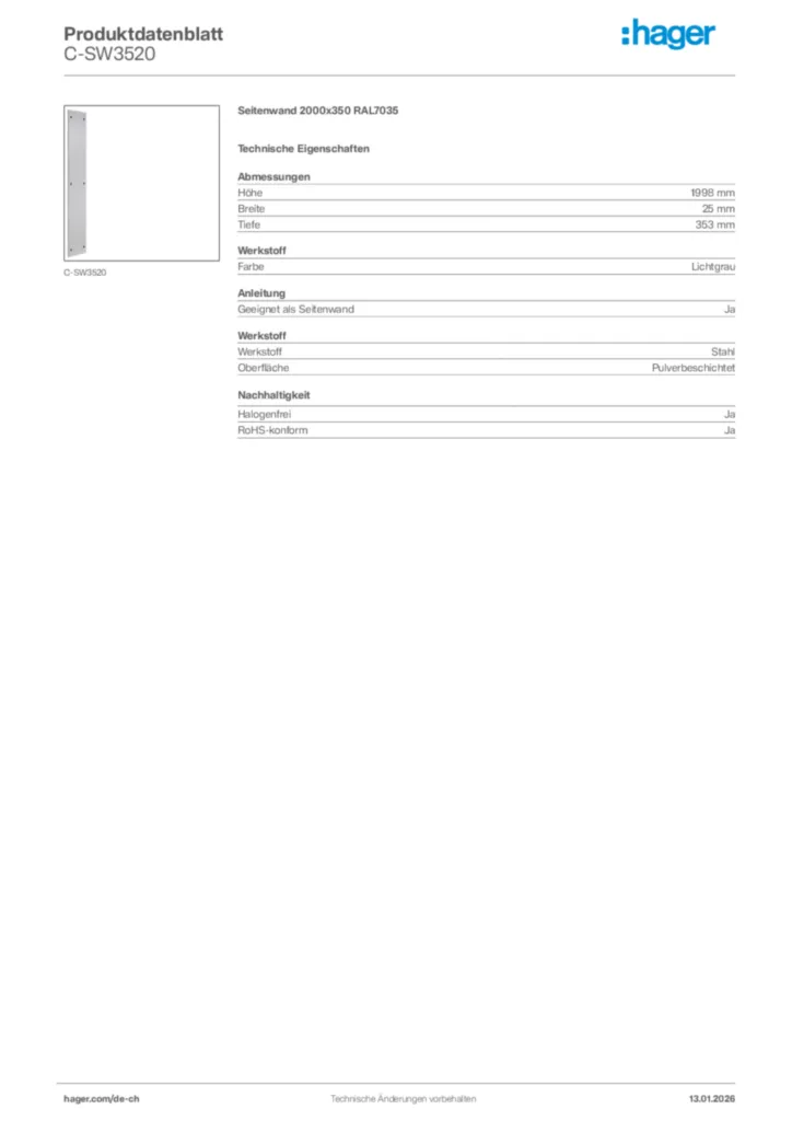 Bild Hager Produktdatenblatt C-SW3520 | Hager Schweiz
