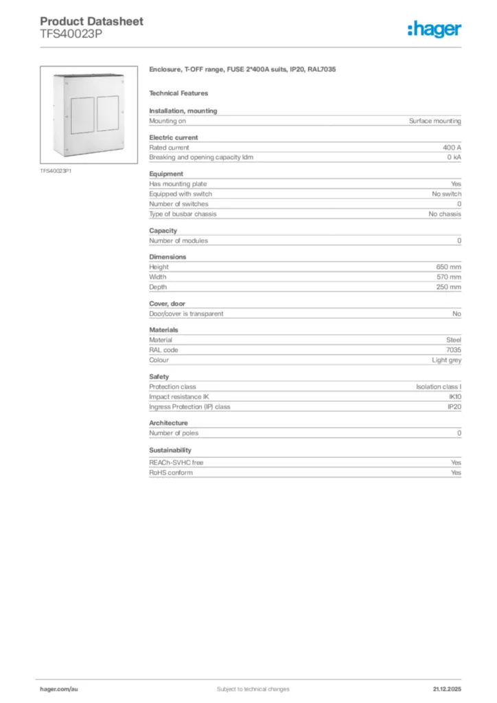 Image Hager Product data sheet TFS40023P  | Hager Australia