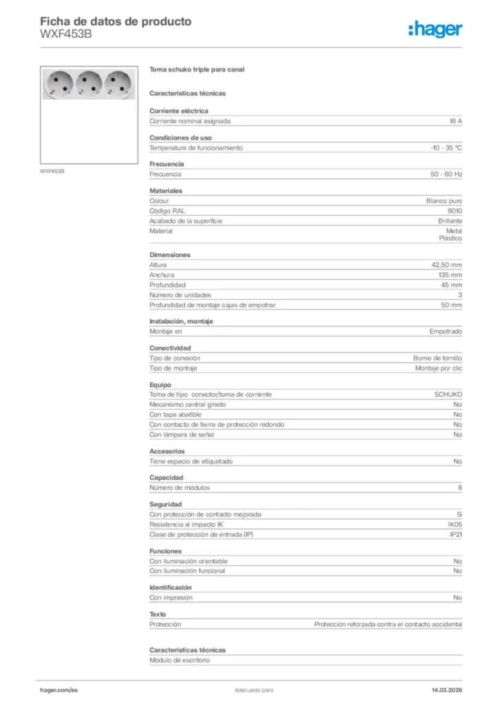 Imagen Hager Ficha de datos de producto WXF453B | Hager España