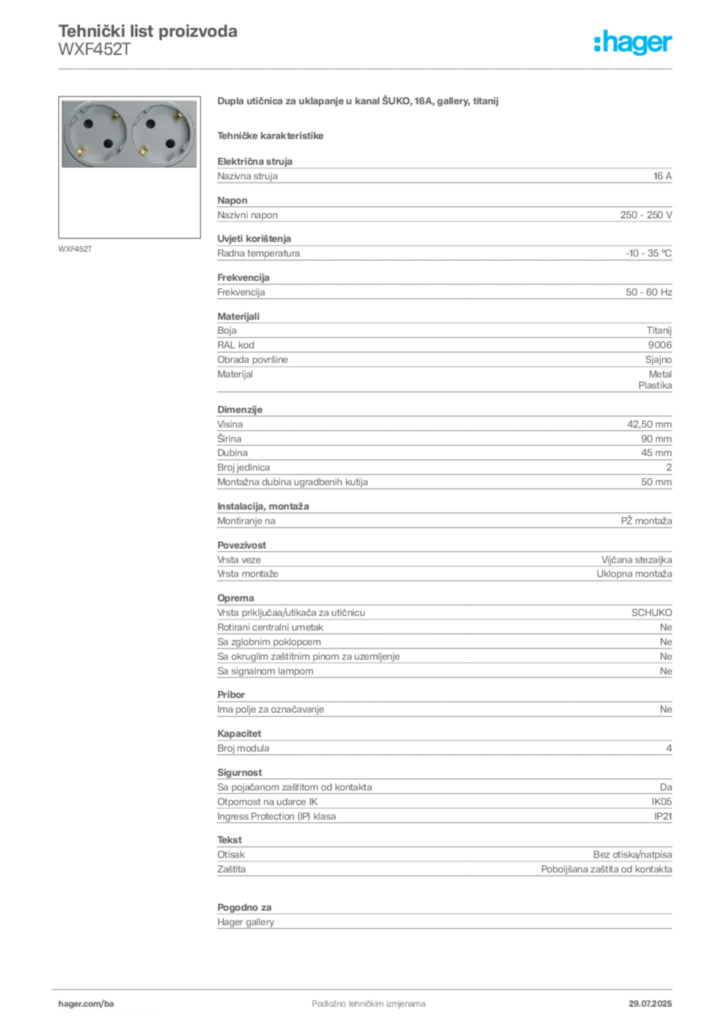 Slika Hager Product data sheet WXF452T  | Hager