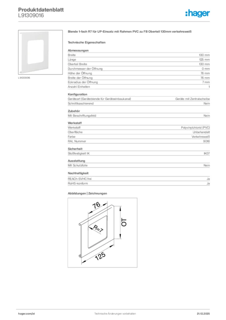 Bild Hager Produktdatenblatt L91309016 | Hager Deutschland