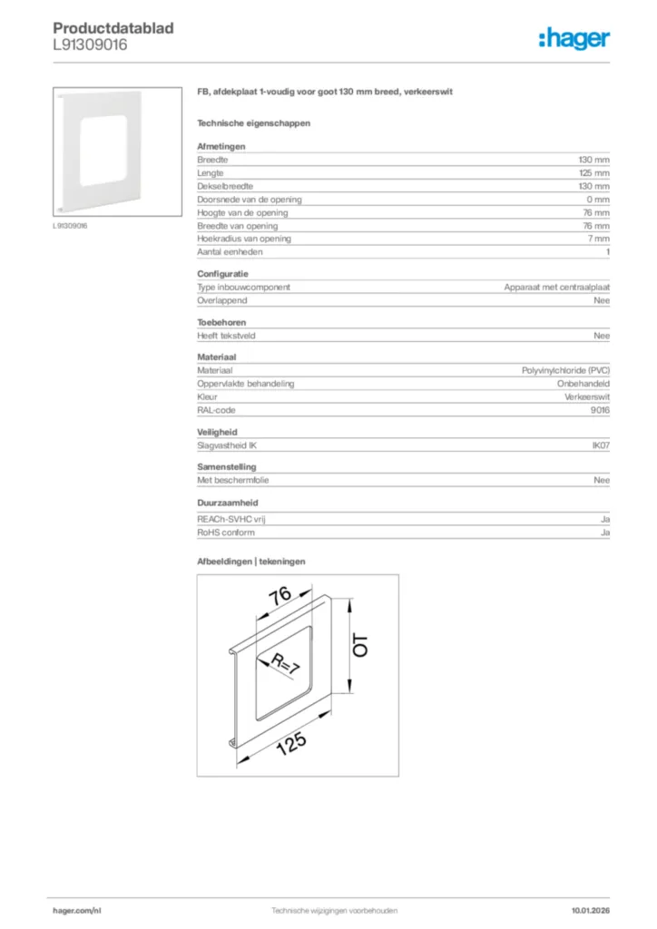 Afbeelding Hager Productdatablad L91309016 | Hager Nederland