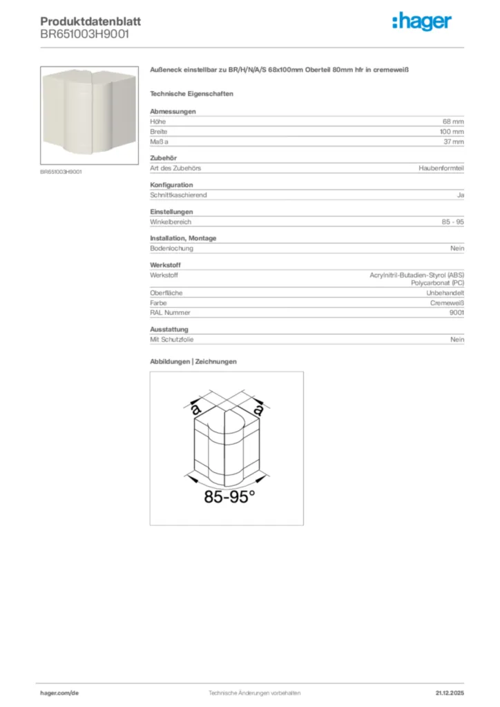 Bild Hager Produktdatenblatt BR651003H9001 | Hager Deutschland