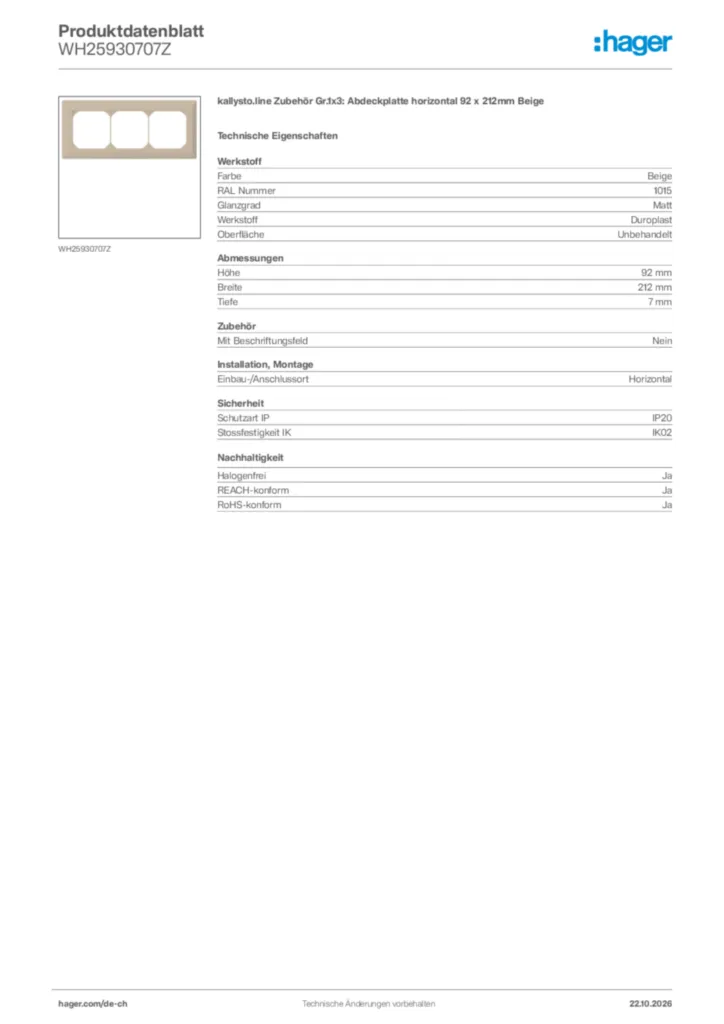 Bild Hager Produktdatenblatt WH25930707Z | Hager Schweiz