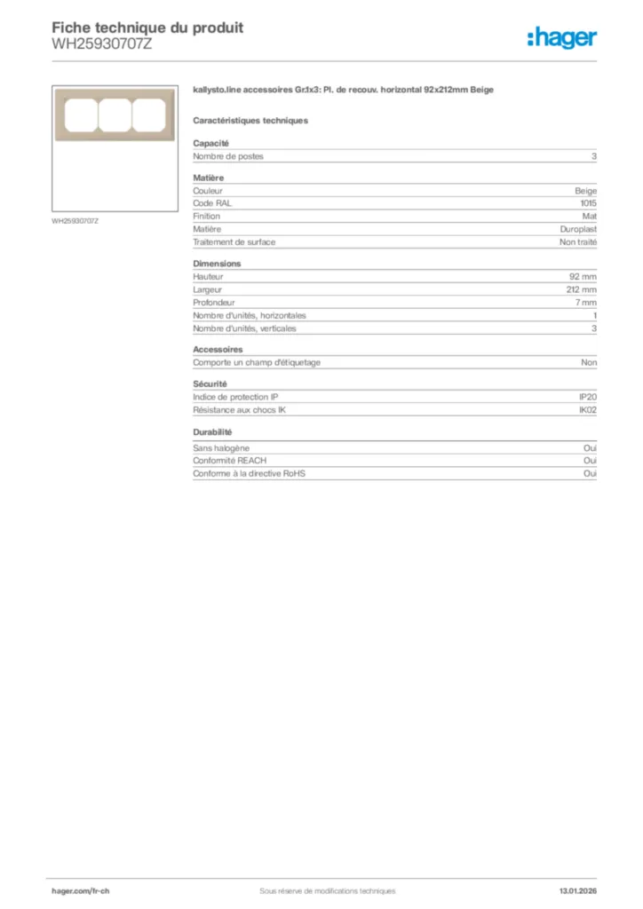 Image Hager Fiche technique du produit WH25930707Z | Hager Suisse