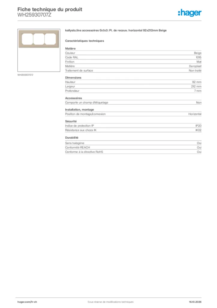 Image Hager Fiche technique du produit WH25930707Z | Hager Suisse