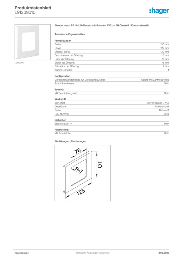 Bild Hager Produktdatenblatt L91309010 | Hager Deutschland