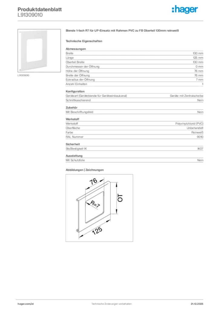 Bild Hager Produktdatenblatt L91309010 | Hager Deutschland