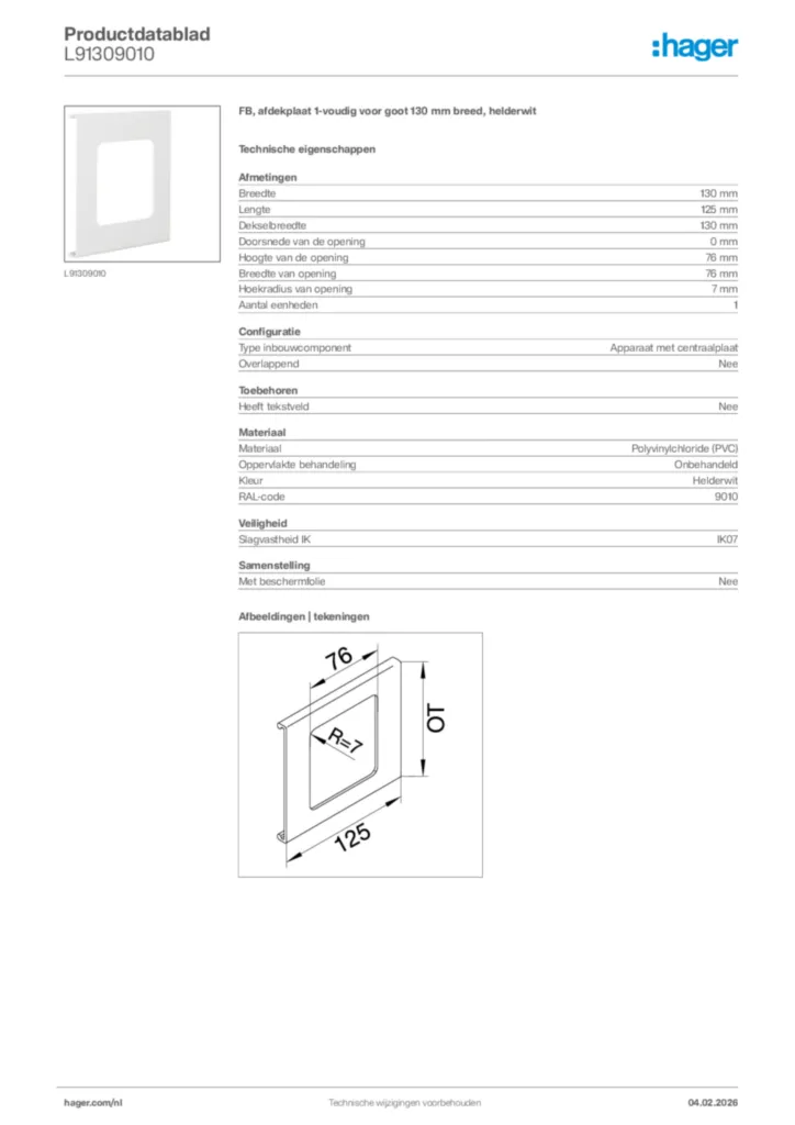 Afbeelding Hager Productdatablad L91309010 | Hager Nederland