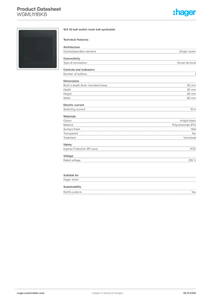 Image Hager Product data sheet WGML111BKB  | Hager