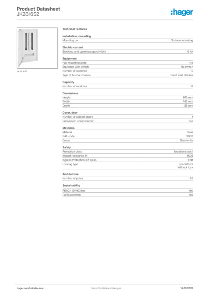 Image Hager Product data sheet JK2B16S2  | Hager