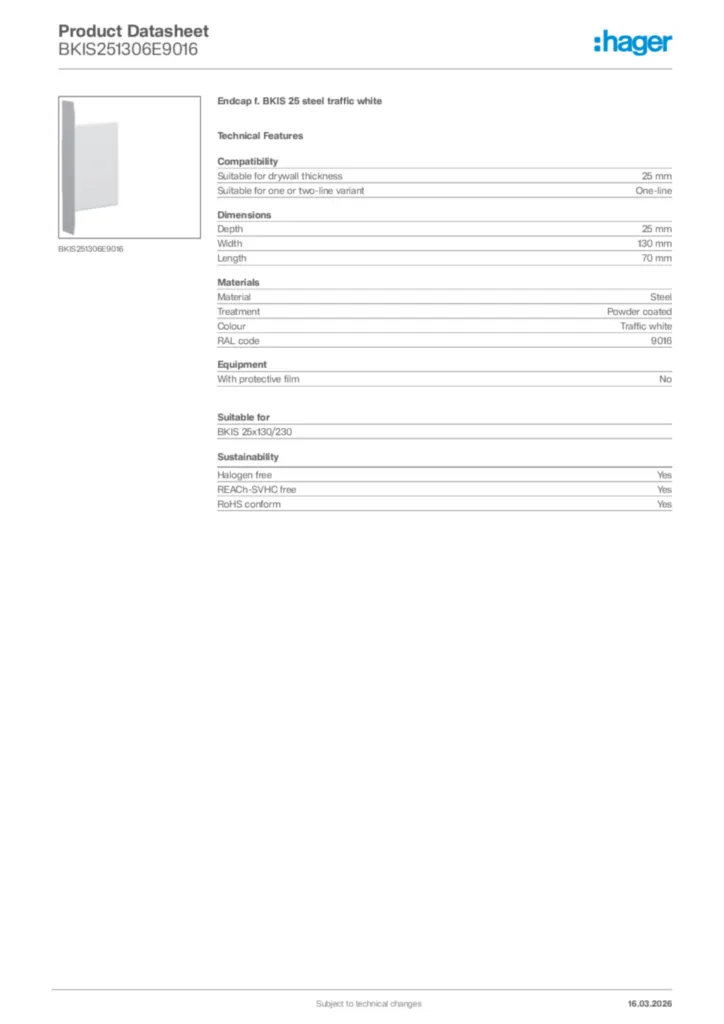 Image Hager Product data sheet BKIS251306E9016  | Hager Africa