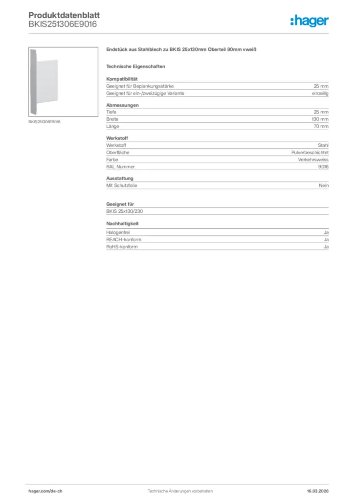 Bild Hager Produktdatenblatt BKIS251306E9016 | Hager Schweiz