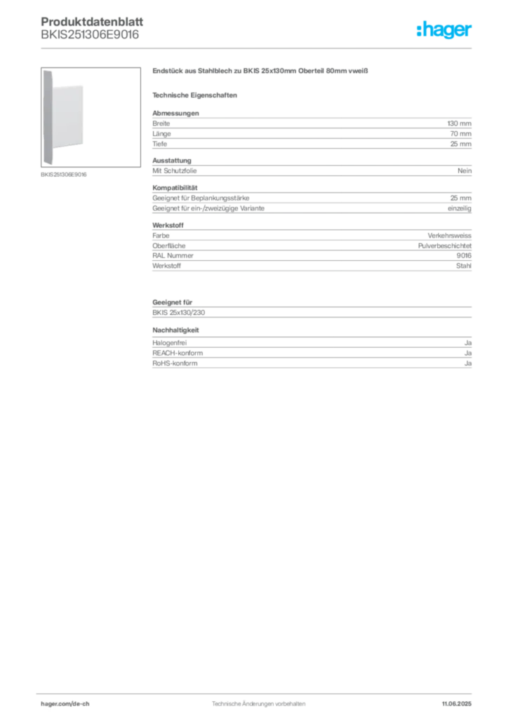 Bild Hager Produktdatenblatt BKIS251306E9016 | Hager Schweiz