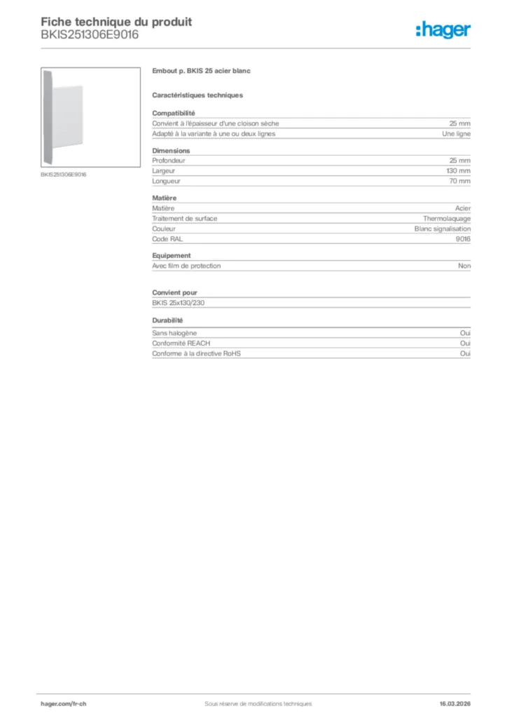 Image Hager Fiche technique du produit BKIS251306E9016 | Hager Suisse