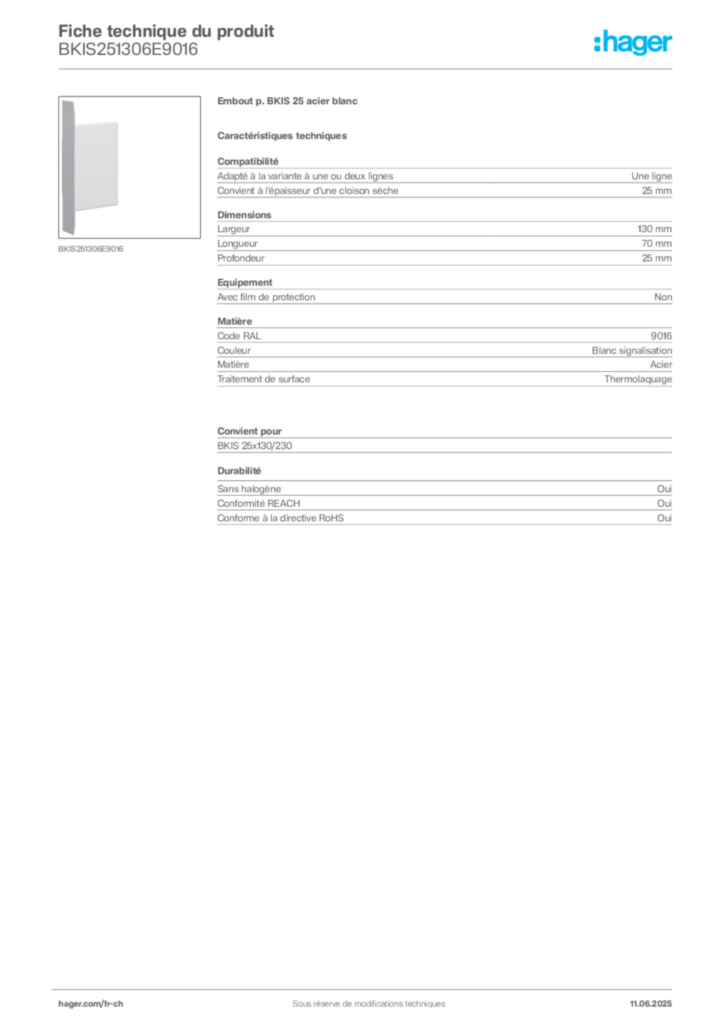 Image Hager Fiche technique du produit BKIS251306E9016 | Hager Suisse