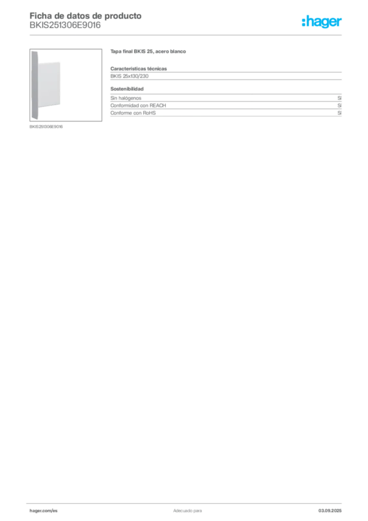 Imagen Hager Ficha de datos de producto BKIS251306E9016 | Hager España